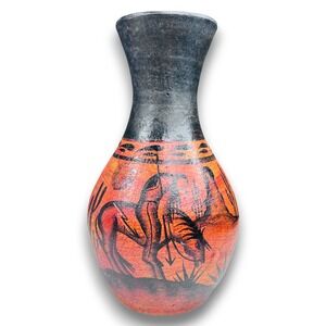 Hand Painted Mexican Pottery Vase Horse Desert Scene Signed PB Mexico 10"